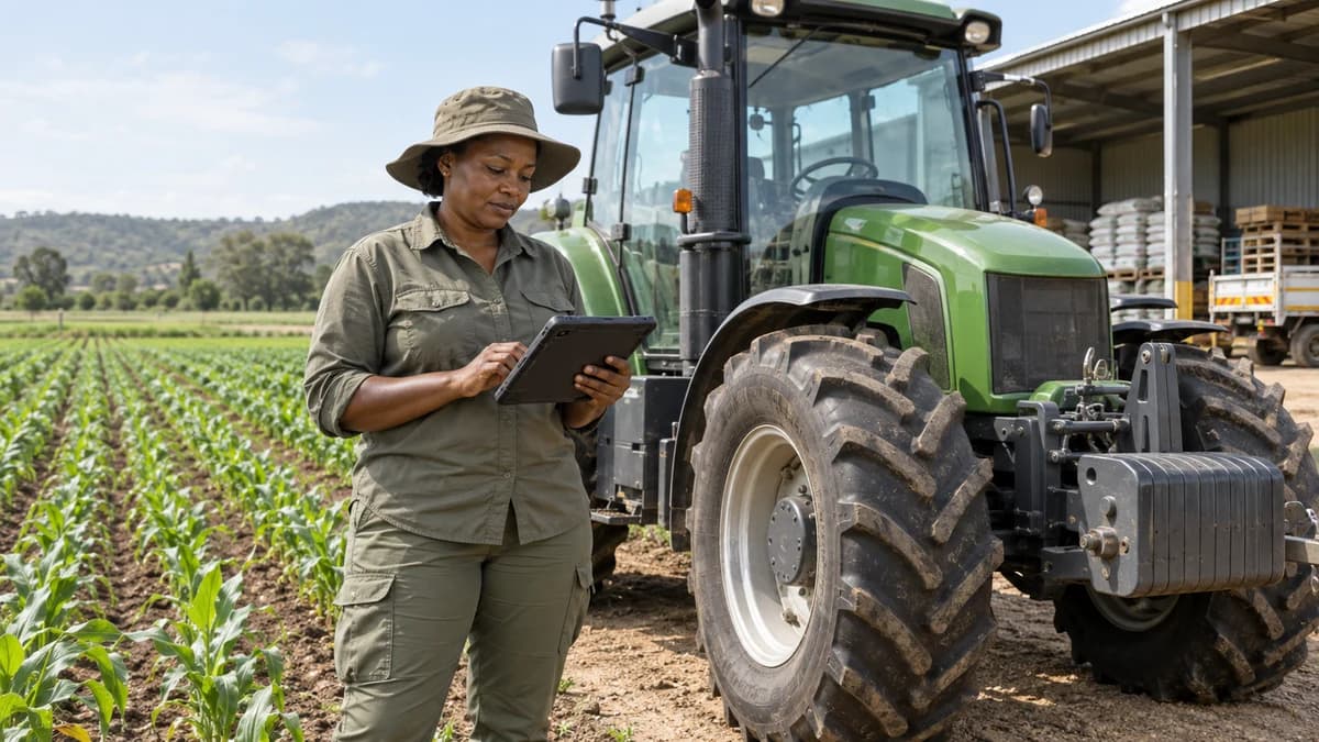 A commercial farm manager using a tablet beside a tractor and cultivated fields