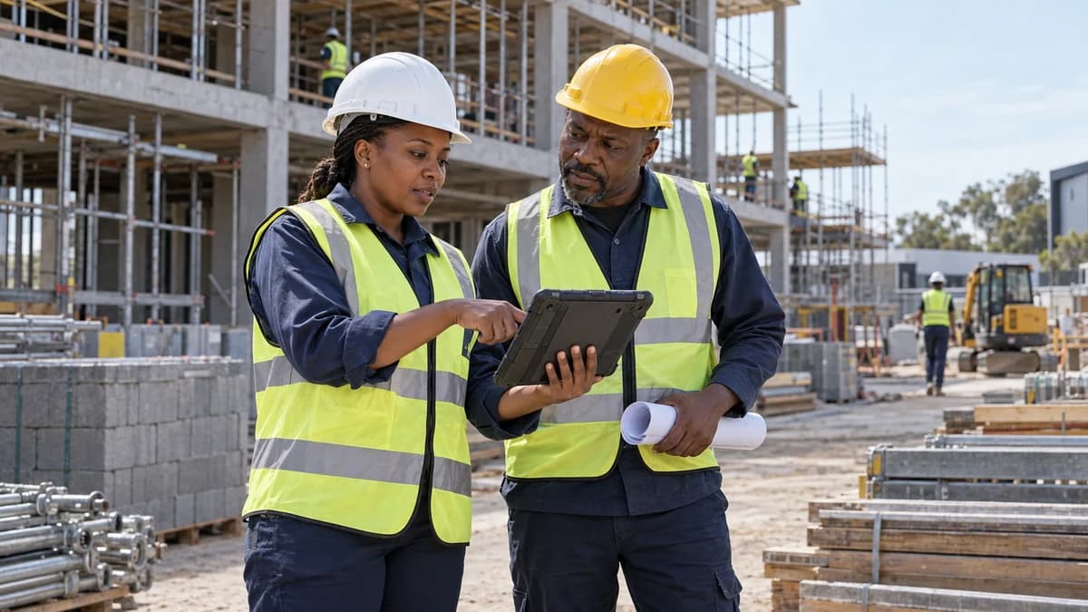 Construction professionals reviewing a tablet and plans at an active building site