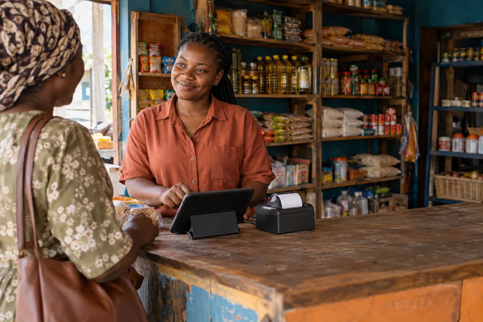 A shop owner serving a customer with a tablet and receipt printer